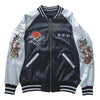 Black and white jacket with Japanese-themed designs on a white background