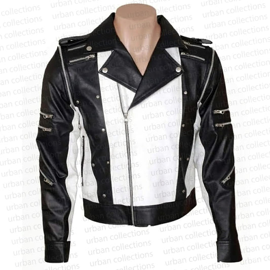 Black and white leather jacket on a mannequin against a white background