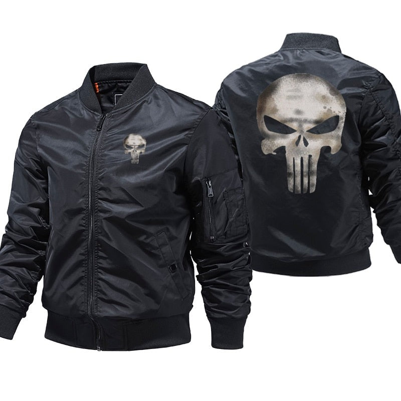 Black bomber jacket with Punisher skull design on a white background