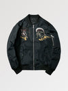 Black bomber jacket with embroidered designs on a light gray background