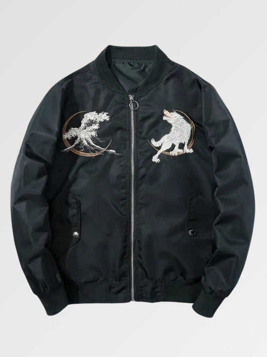 Black jacket with embroidered designs on a light gray background