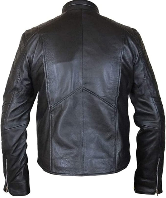 Black leather jacket shown from the back on a white background