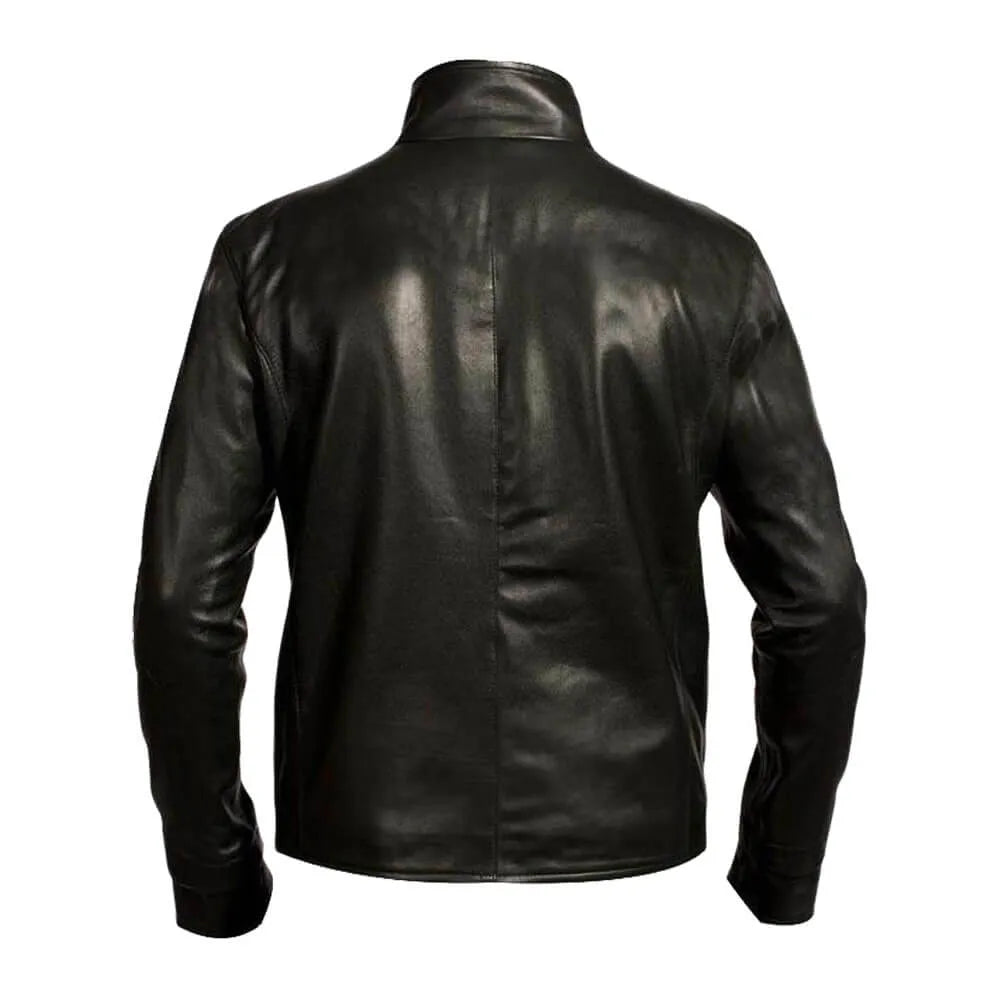 Black leather jacket shown from the back on a white background