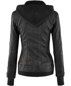 Black leather jacket with a hood on a white background