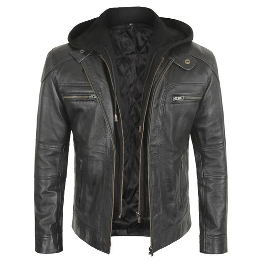 Black leather jacket with zippers on a white background