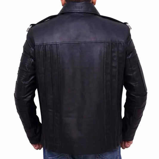 Black leather jacket worn by a person on a white background .