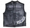 Black leather motorcycle vest with embroidered patches reading 'PRESIDENT MEN OF MATHEM' and 'REDWOOD ORIGINAL' on the chest, and a large 'SAMCRO' patch on the lower right side.