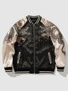 Black satin bomber jacket with dragon embroidery on a light gray background
