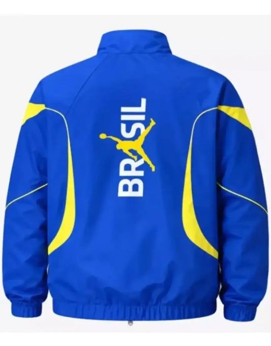 Blue jacket with 'Brasil' and a soccer player graphic on the back