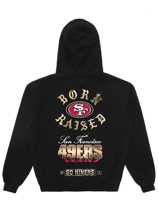 Born x Raised Black San Francisco 49ers Chrome Rocker Hoodie – Streetwear Meets Team Pride Recreated Edition