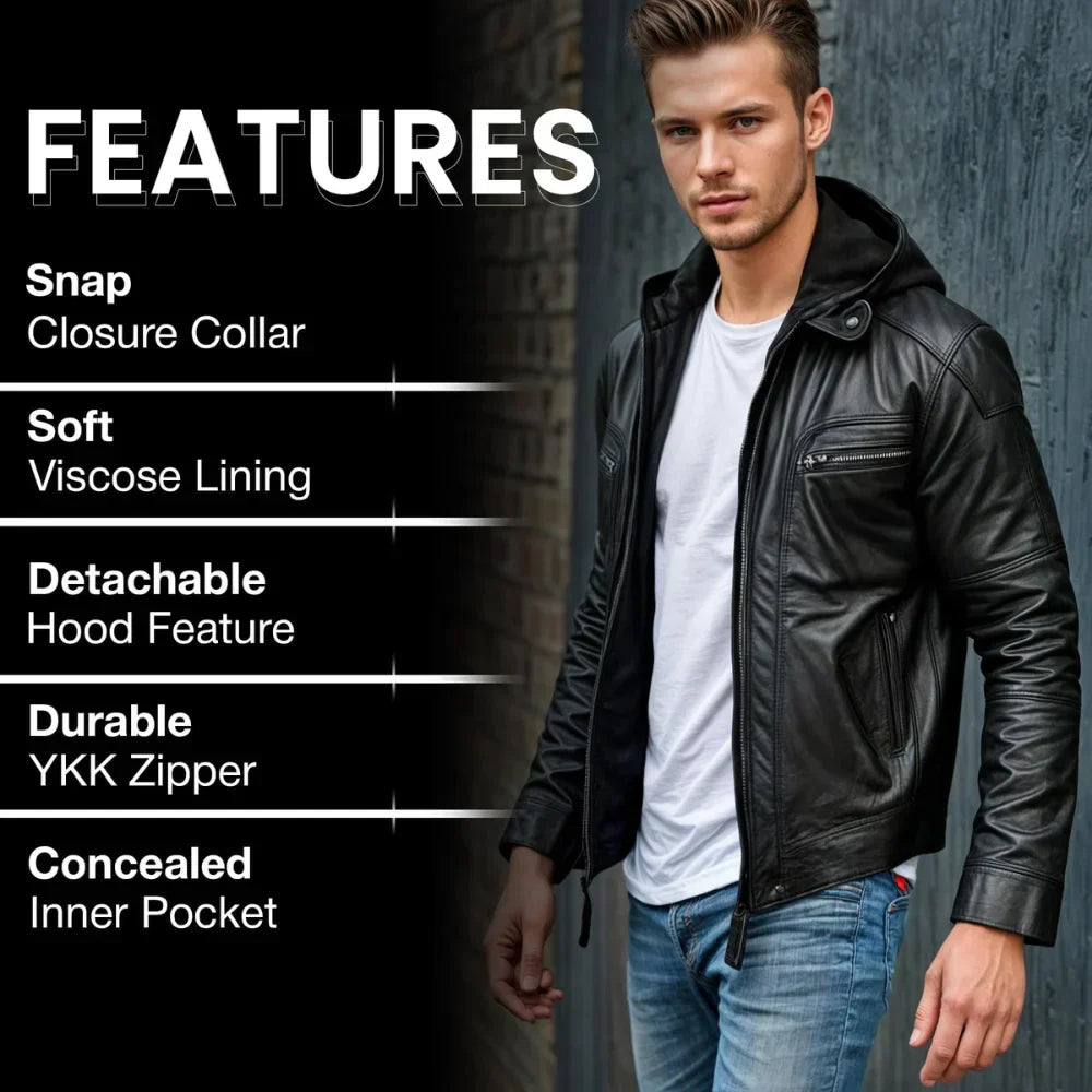 Man wearing a black leather jacket with features listed on the left, against a gray background.