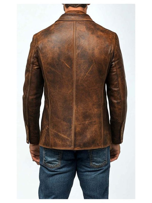 Men’s Premium Brown Distressed Leather Blazer – Sophisticated & Timeless