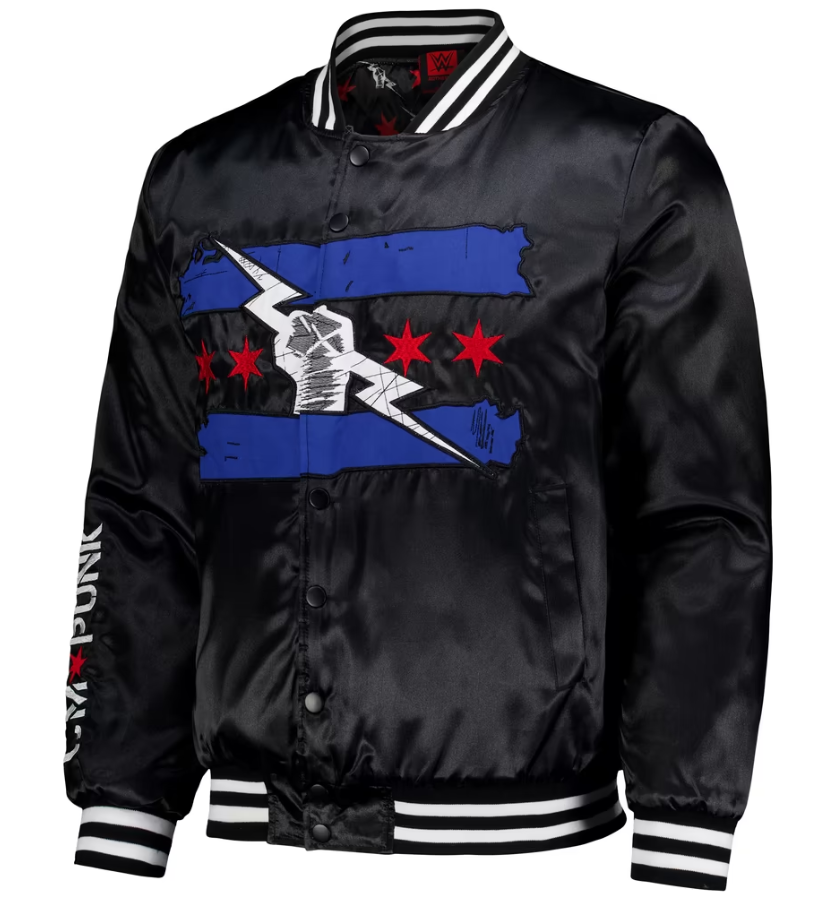 Men's Black CM Punk Chicago Full-Snap Bomber Satin Jacket – image 3
