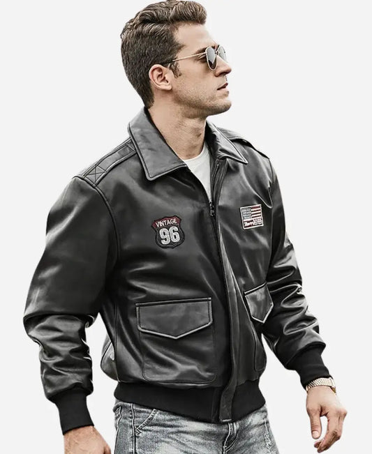 Men’s Black Bomber Leather Jacket – Air Force Pilot Style - Bold and Rugged