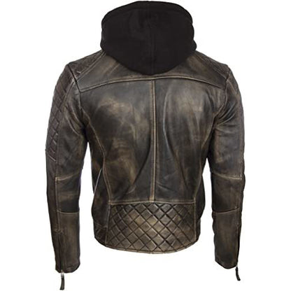 Men’s Real Leather Vintage Biker Jacket with Removable Hood