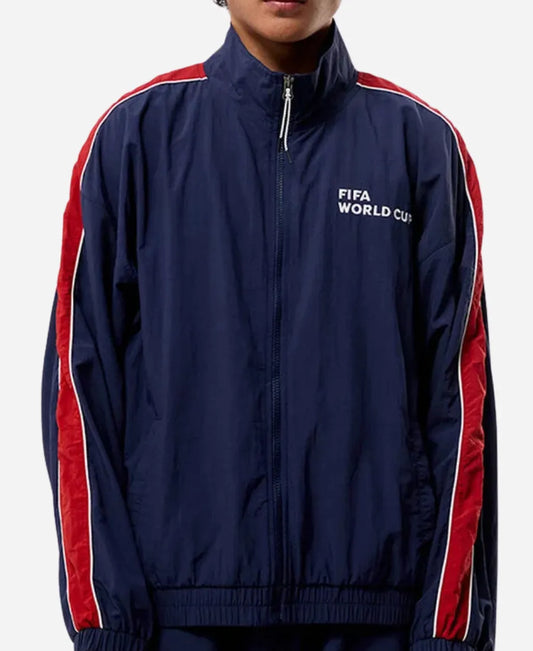 Navy jacket with red stripes and 'FIFA World Cup' text on a white background