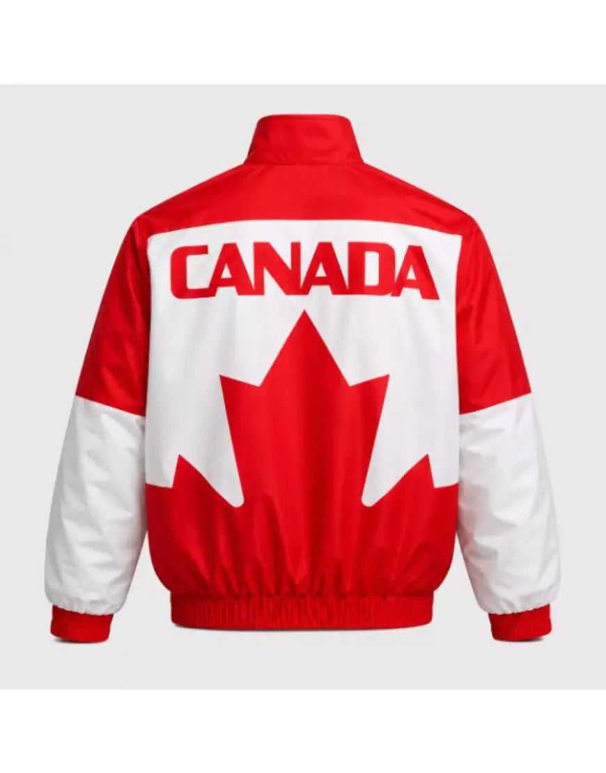 Red and white jacket with 'Canada' and a maple leaf design on a gray background
