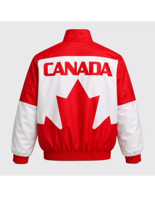 Red and white jacket with 'Canada' and a maple leaf design on a gray background