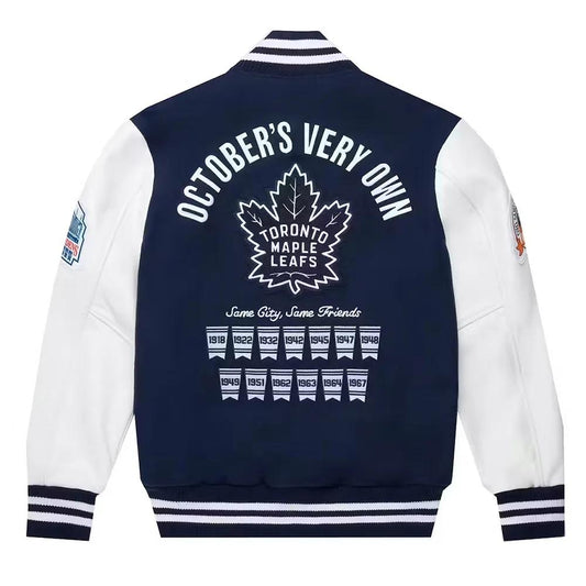 OVO Toronto Maple Leafs Varsity Jacket – Navy Blue & White Recreated Edition