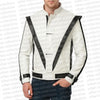 White jacket with black accents worn by a person on a white background with 'urban collections' text.