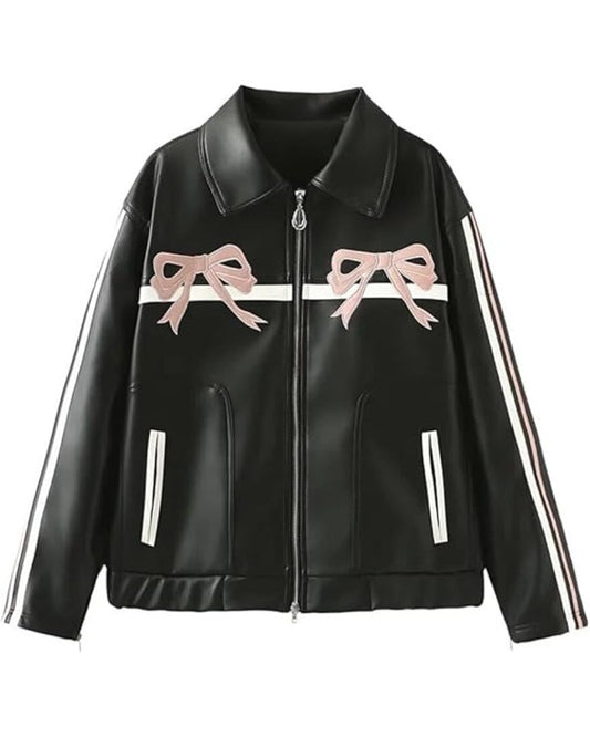 WWE NXT 2025 Carla Gonzalez Pink Bow Black Leather Jacket — Product Description