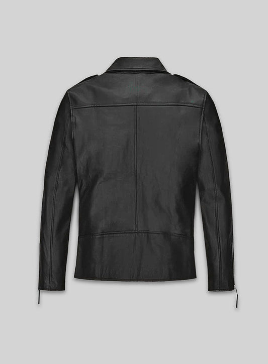 Ansel Elgort Black Biker Leather Jacket – back view