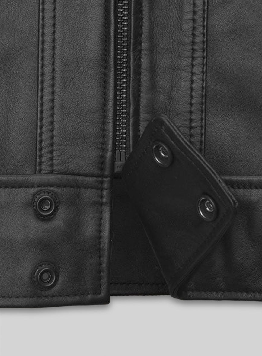 Ansel Elgort November Criminals Black Striped Leather Jacket – close-up detail of hardware and pockets