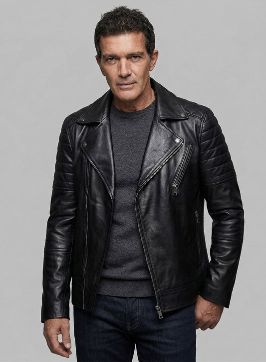 Antonio Banderas Madrid Black Biker Leather Jacket – worn look