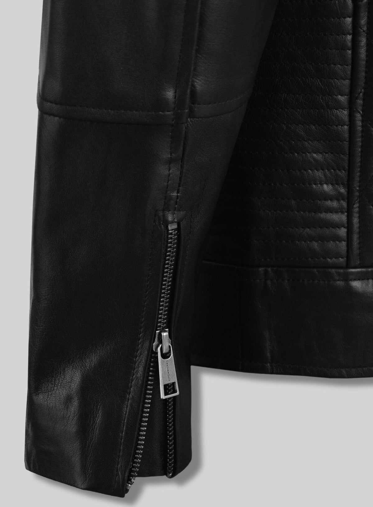 Antonio Banderas Madrid Black Biker Leather Jacket – close-up detail of leather and stitching