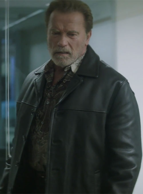 Arnold Schwarzenegger Aftermath Black Leather Jacket – Arnold Schwarzenegger Aftermath wearing the look, photo 2