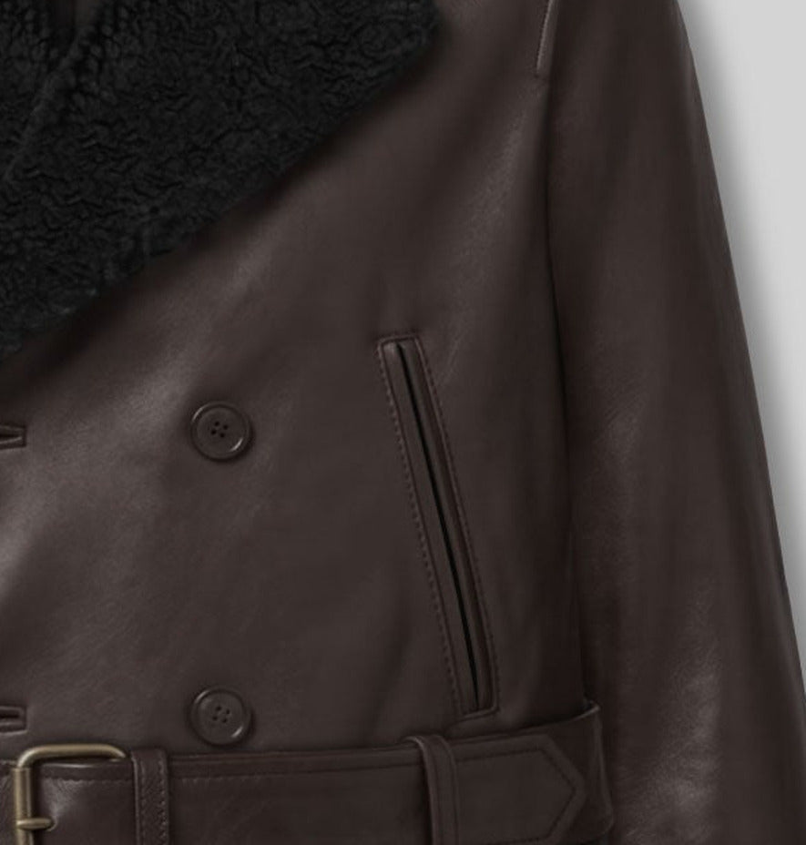 Barry Keoghan Peaky Blinders Dark Brown Trench Coat – close-up detail of front closure, pocket and leather stitching