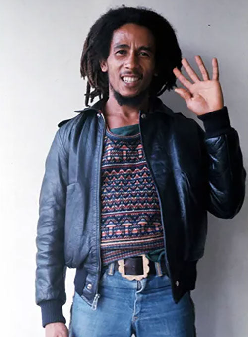 Bob Marley Black Bomber Leather Jacket – Bob Marley wearing the look, photo 2