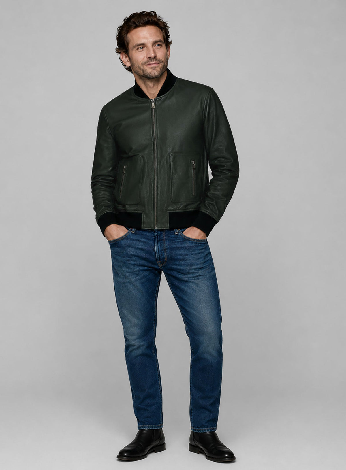 Bradley Cooper Green Bomber Leather Jacket – close-up and worn views