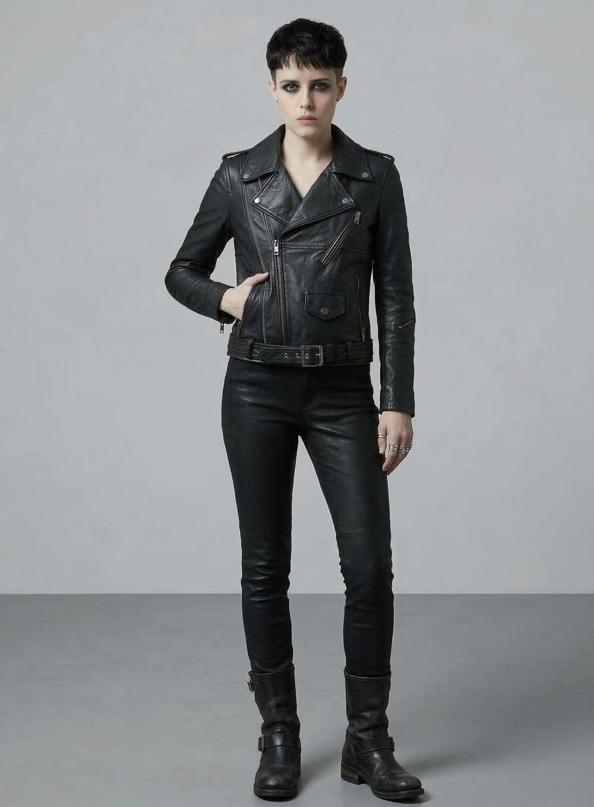 Claire Foy The Girl in the Spider's Web Black Leather Jacket – close-up and worn views
