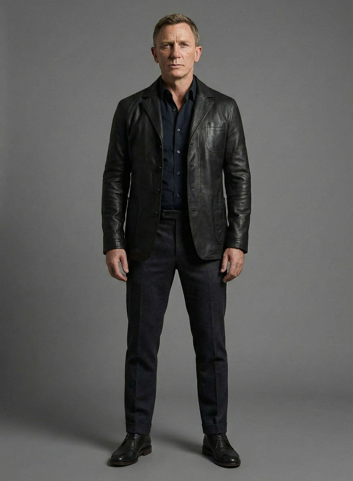 Daniel Craig Black Leather Blazer – close-up and worn views
