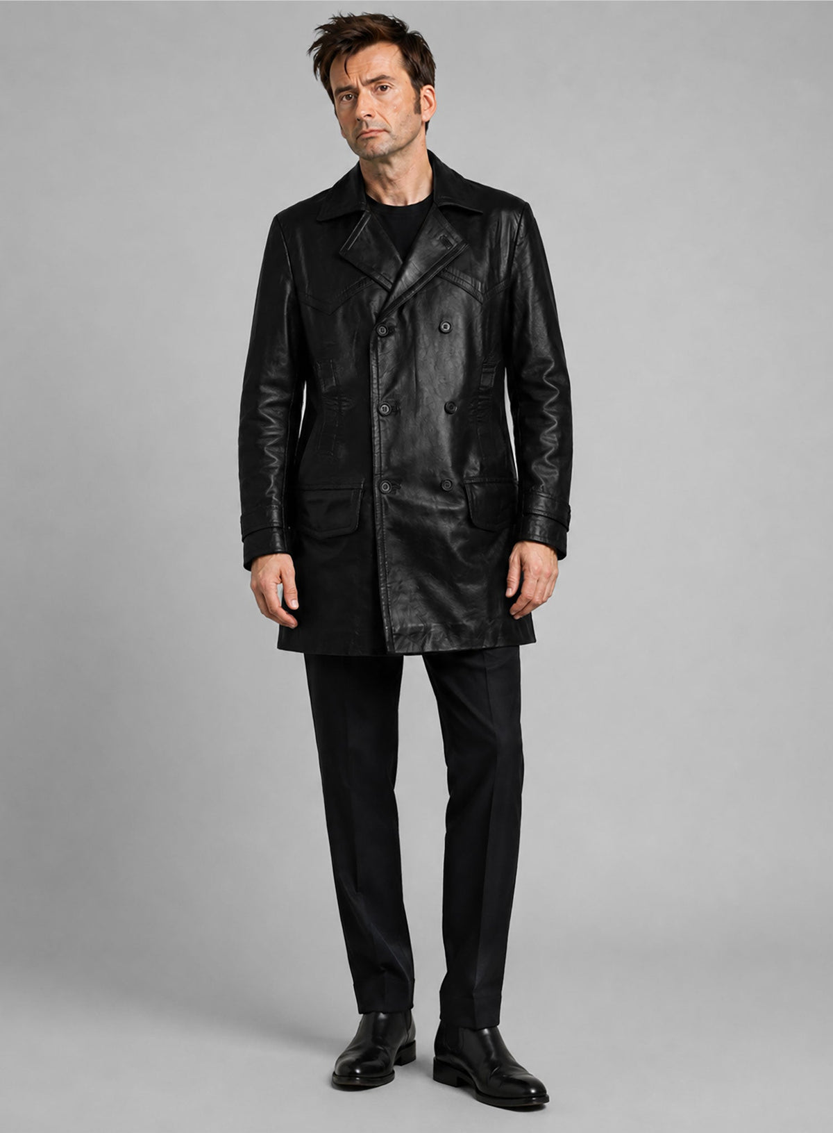 David Tennant Doctor Who Black Leather Trench Coat – full product view