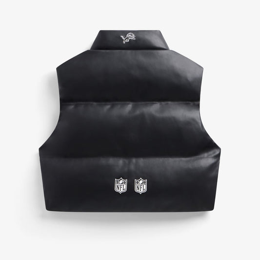 Detroit Lions women's black faux leather cropped puffer vest, back view