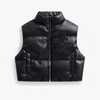 Detroit Lions women's black faux leather cropped puffer vest, front view without dangling cords or front brand patch