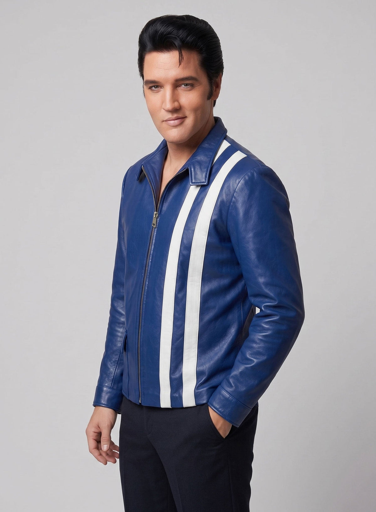 Elvis Presley Speedway Blue Leather Jacket – close-up and worn views
