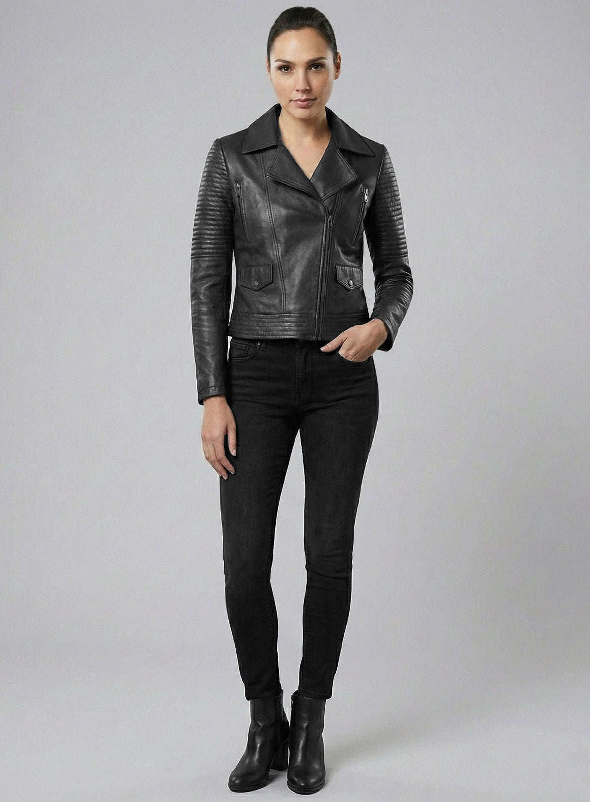Gal Gadot Fast and Furious 6 Black Leather Jacket – close-up and worn views