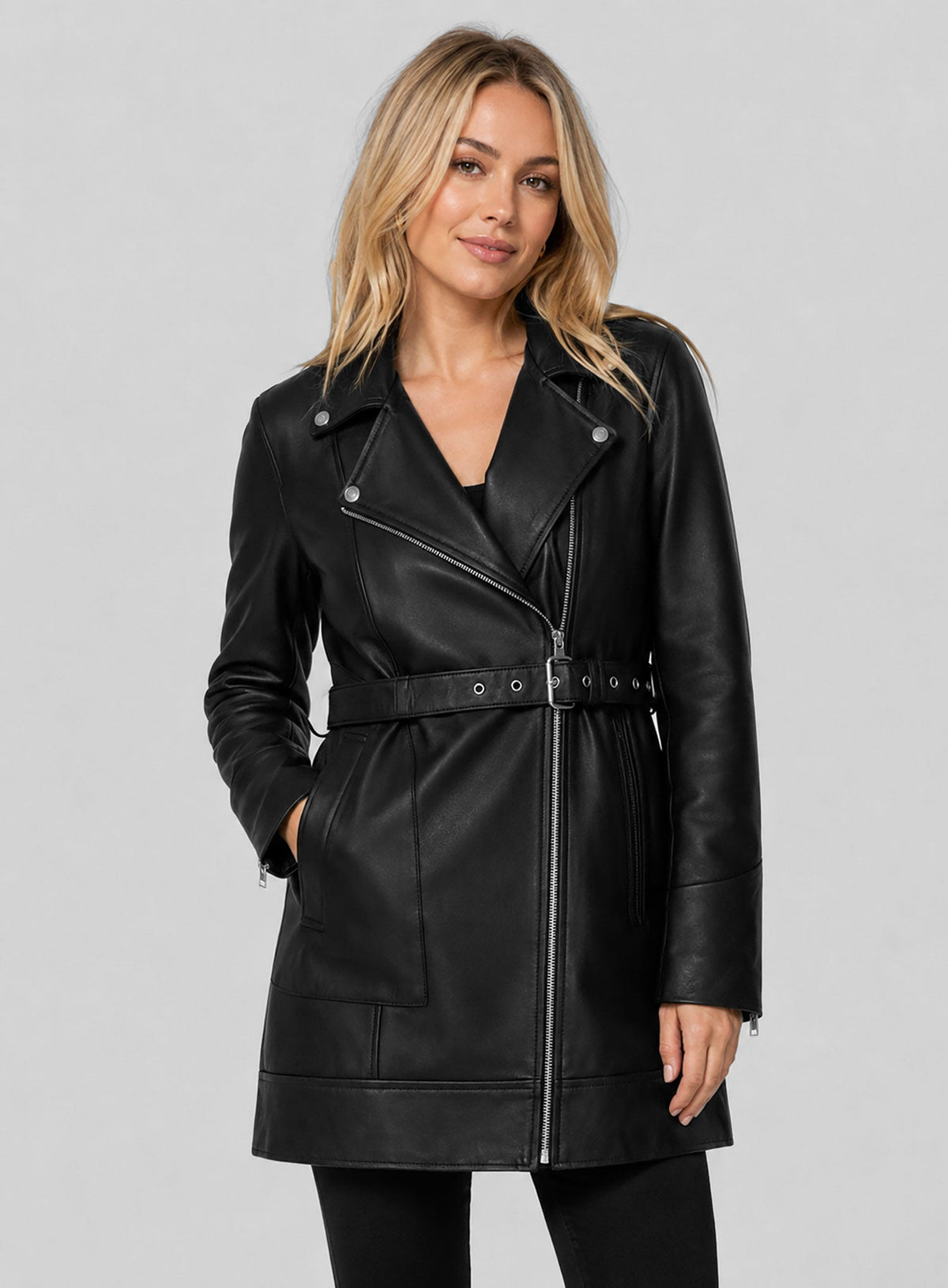 Hilary Duff Younger Black Leather Trench Coat – full product view