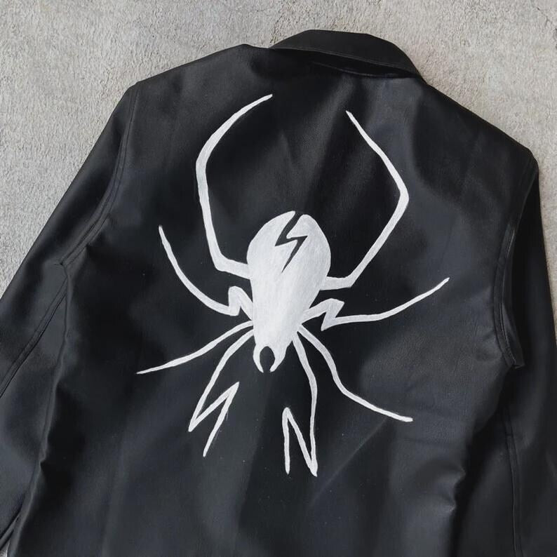 Black Leather Jacket with Hand-Painted My Chemical Romance Inspired Design Emo Punk Concert Outfit