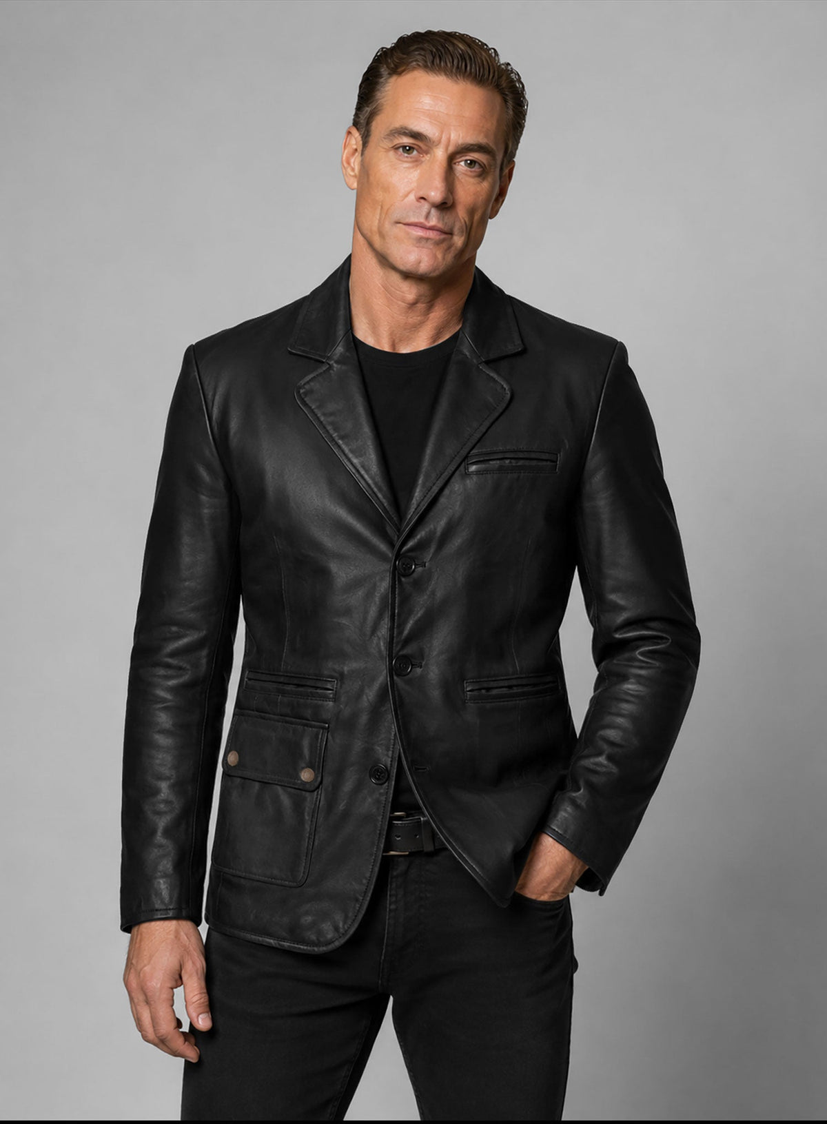 Jean-Claude Van Damme Until Death Black Leather Blazer – close-up and worn views