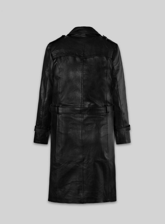 Jennifer Lopez Hustlers Black Leather Trench Coat – back view