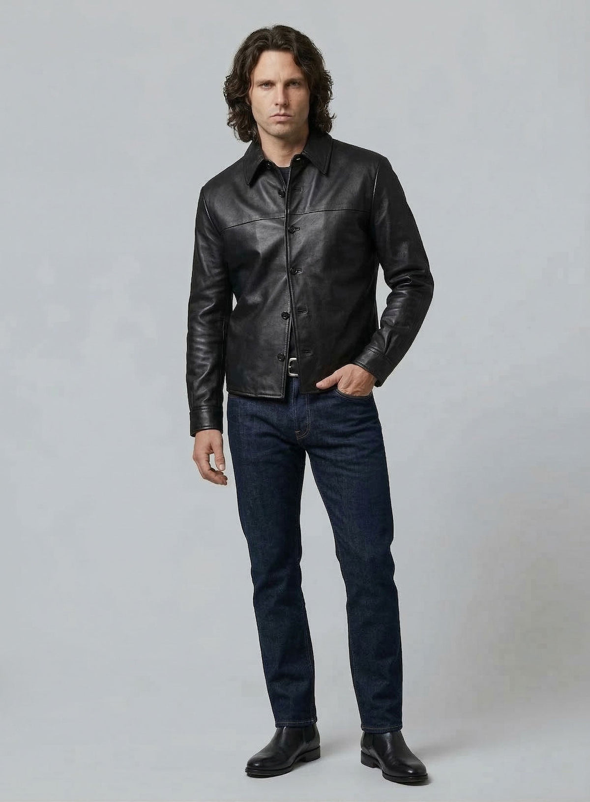 Jim Morrison Classic Black Leather Shirt – worn look