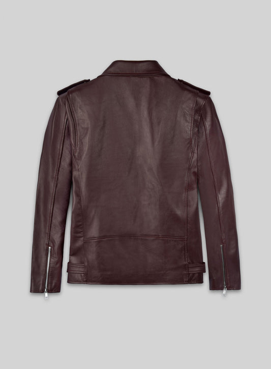 Joe Jonas Burgundy Biker Leather Jacket – back view