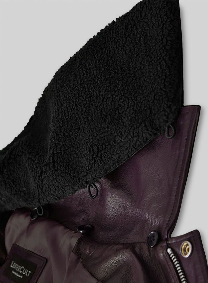 Joker Batman 1989 Purple Leather Jacket – close-up detail of leather and stitching