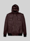 Kellan Lutz Maroon Hooded Bomber Leather Jacket – front view