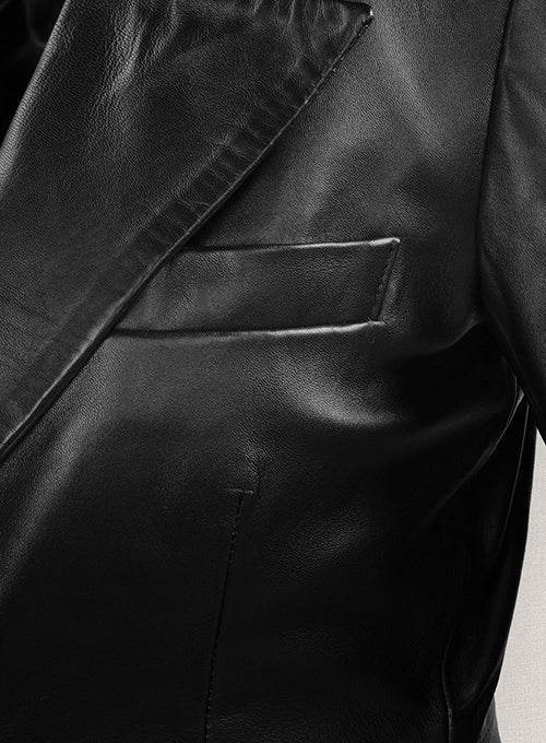Kendall Jenner Black Leather Long Coat – close-up and worn views