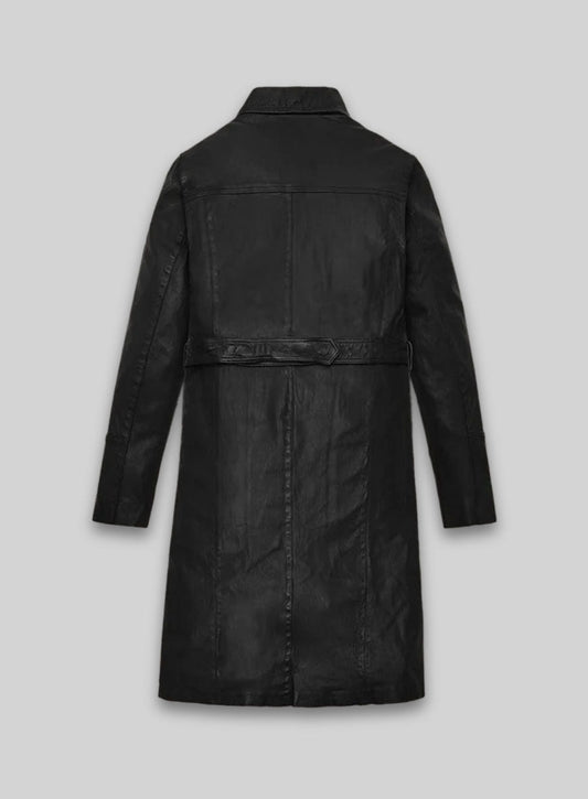 Kim Kardashian Black Leather Long Coat – back view